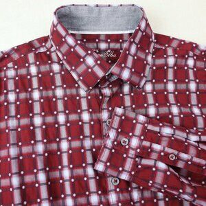 Mens Dress Shirt Button Down Tasso Elba XL 17 - 17.5 Paisley Red Gray Blue Busy